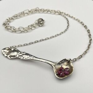 Sterling 925 Art Nouveau Spoon‎ Necklace Beaded Faceted Rubies